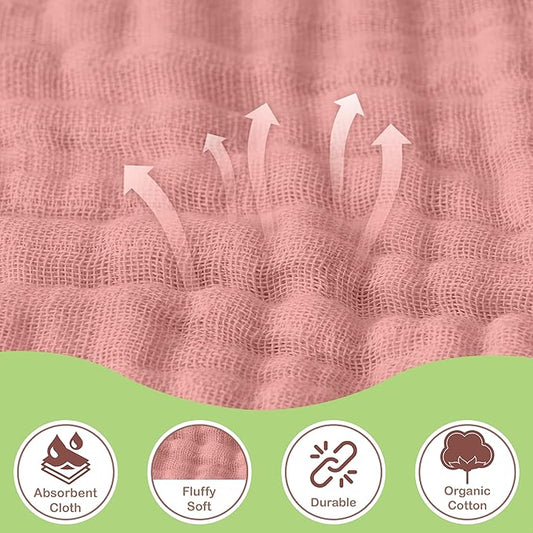 Organic Cotton Muslin Baby Hooded Towels - 32x32 Inch, 2 Pack Newborn Bath Towels for Boys & Girls, Soft & Absorbent Bath Set (Rose/Peach)