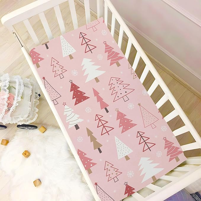 Christmas Trees Pink Crib Sheets Soft Breathable Fitted Baby Crib Sheets Mattress Cover for Girl Boys, 52" x 28" x 9"