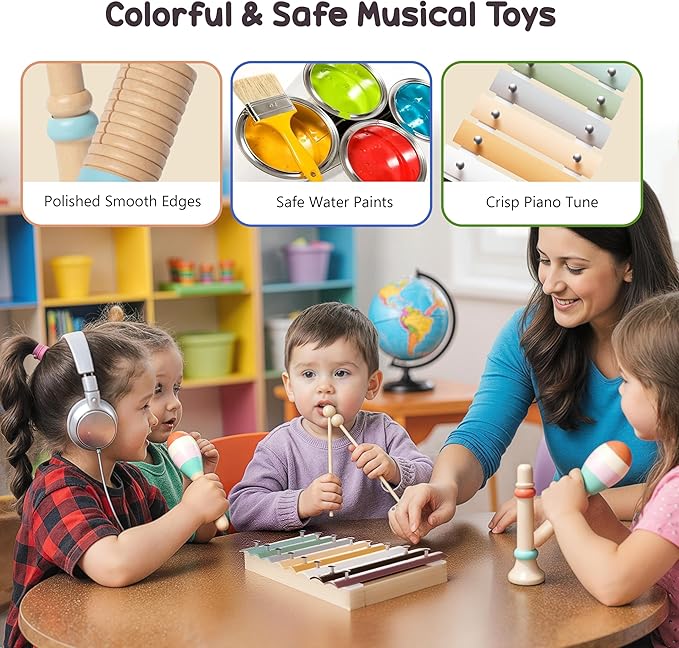 Toddler Musical Instruments-Musical Toys Montessori Wooden Toys for Toddlers 1-3 , Baby Musical Instruments with Modern Boho Xylophone Toddler Toys Birthday Gifts for Kids Preschool Educational 3+