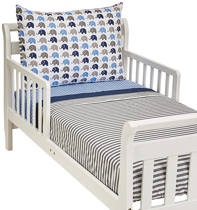 Bacati - Elephants Blue/Grey 4 Pc Toddler Bedding Set 100 Percent Cotton Includes Reversible Comforter, Fitted Sheet, Top Sheet, and Pillow Case for Boys
