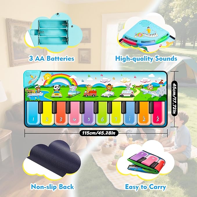 FUCEORUY Piano Mat Musical Toys for Toddlers 1-3, Sensory Learning Toy Floor Piano Playmat Toys for 1 2 Year Old Boy Girl Gifts, with 7 Animal, 7 Vehicle & 10 Songs Sound (Kids Edition)