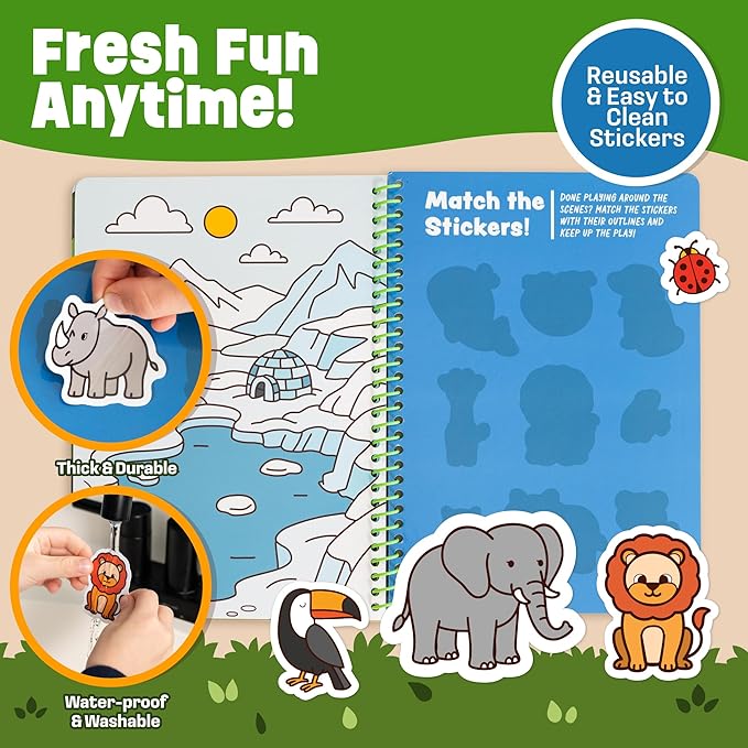 Reusable Sticker Book - Animals - 50 Jelly Stickers for Toddlers & Kids 3-5: Fun Travel Toys, Kids Travel Activities & Easter Gifts for Kids - Sticker Books for Toddlers 3 Years Old 1-3 2-4