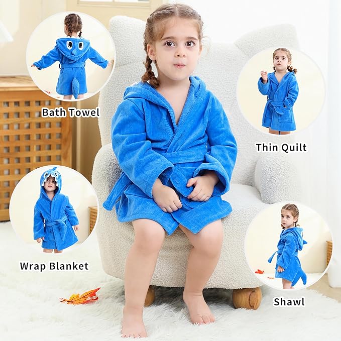 MICHLEY Girls Boys Robe Cotton Towel Baby Animal Dinosaur Style Hooded Bathrobe