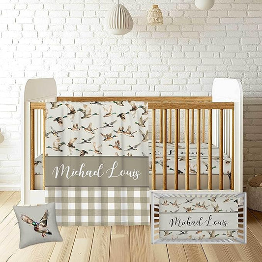 Personalized Wild Duck Baby Crib Bedding Set – Custom Name 3-Piece Nursery Bedding for Boys & Girls, Soft Blanket, Fitted Crib Sheet & Pillowcase, Newborn Toddler Bedding Gift
