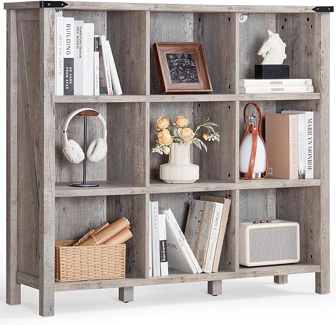 Joaxswe 9 Cube Bookcase, Farmhouse 47 Inch Wide Grey Oak Bookshelf, Wooden 3 Tier Display Large Open Book Shelf, Vintage Horizontal Book Case for Home Office, Cubby Storage Cabinet for Living Room