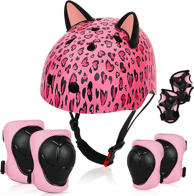 Kids Helmet, Bike Helmets for Kids 8-14 with Knee Pads and Elbow Pads Wrist Guards, Adjustable Youth Girls Bike Helmet with DIY Cat Ears Skateboard Helmet for Scooter Skating Cycling