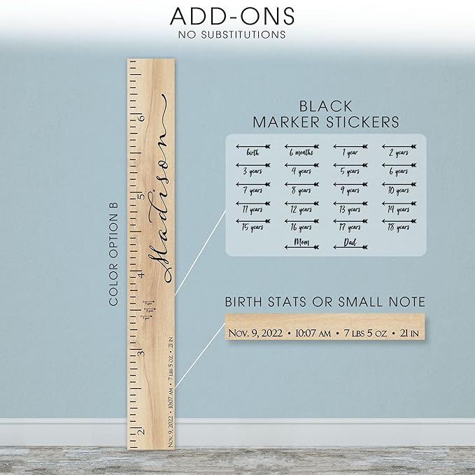 Wooden Kids Growth Height Chart Ruler for Boys and Girls Painted or Engraved (Classic Script)