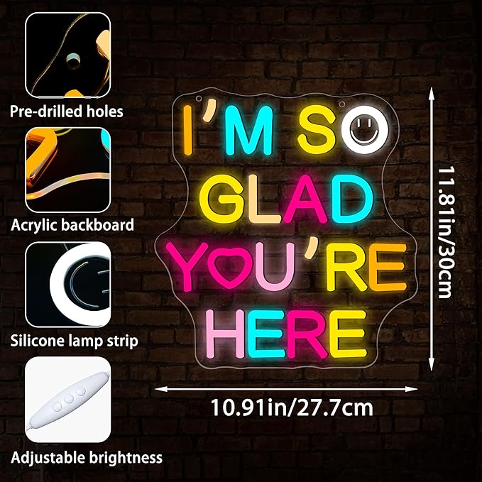 I'm So Glad You Are Here Neon Sign for Wall Decor Dimmable Welcome Sign for Classroom Inspirational Positive Wall Art Decor for Party Home Gym Office Bedroom Gifts for Teens Size 11.8*10.9in(GLNP244)