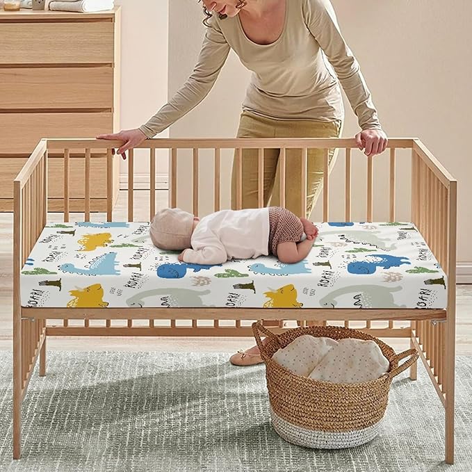 Dinosaur Group Fitted Crib Sheet Cactus and Dinosaur Baby Crib Sheet Fit Standard Crib and Toddler Mattress,Crib Mattress Sheets for Boys Girls 28"x52"
