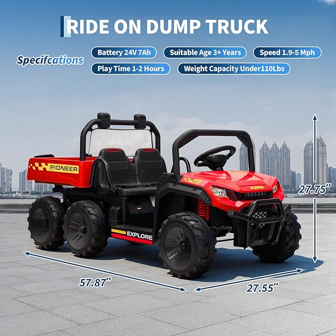 24V 4WD Electric Ride-on Dump Truck for Kids, 2-Seater with Parental Remote Control, 3 Speeds, All-Terrain Off-Road Toy Car for Boys Girls, Red