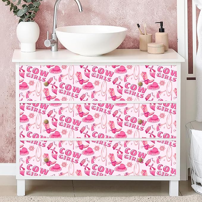 Pink Peel and Stick Wallpaper Cowgirl Contact Paper Staircase Sticker Western Theme Self Adhesive Wall Paper Hat Boots Vinyl Film Disco Cow Print Art Mural for Cabinets Bedroom Drawer 15.7"x62.9"