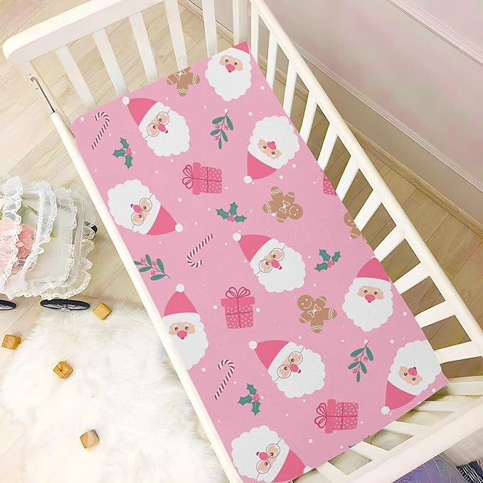 Christmas Santa Cute Pink Crib Sheets Soft Breathable Fitted Baby Crib Sheets Mattress Cover for Girl Boys, 52" x 28" x 9"