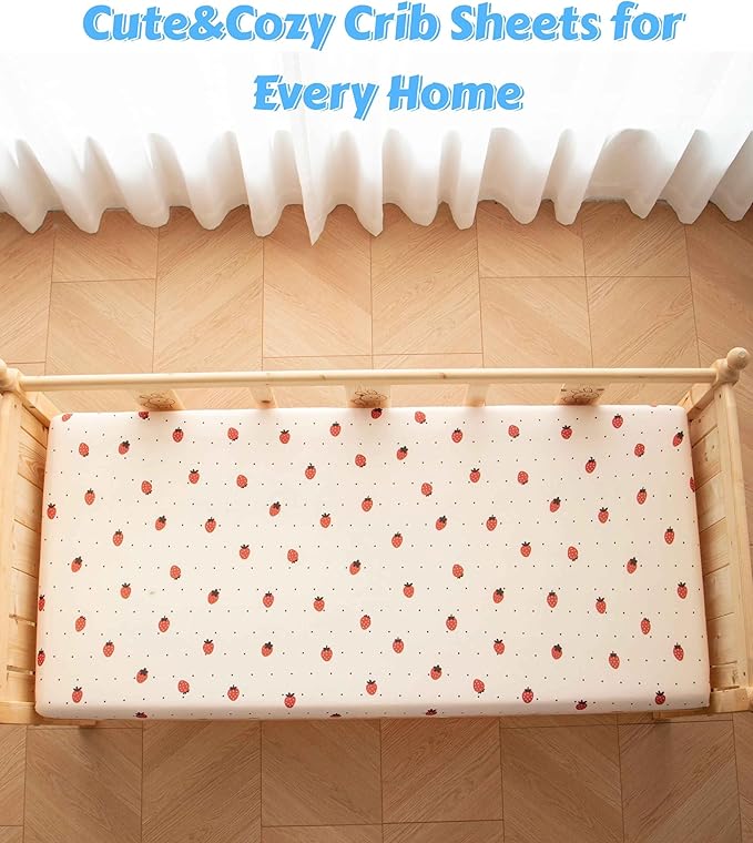 SDY Jersey Strawberry Crib Sheets for Baby Girls,52”x28”x8, 2 Pack,Pink Cute Kawaii Standard Oval/Retangle Fitted Crib Sheets for Toddler,Super Soft Breathable