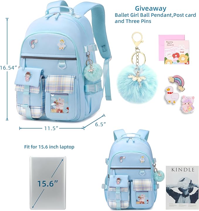 KIDNUO Backpack for Girls, 15.6 Inch Laptop School Bag Kids Kindergarten Elementary College Backpacks Large Bookbags for Teen Girl Women Students Casual Travel Daypacks (Blue)