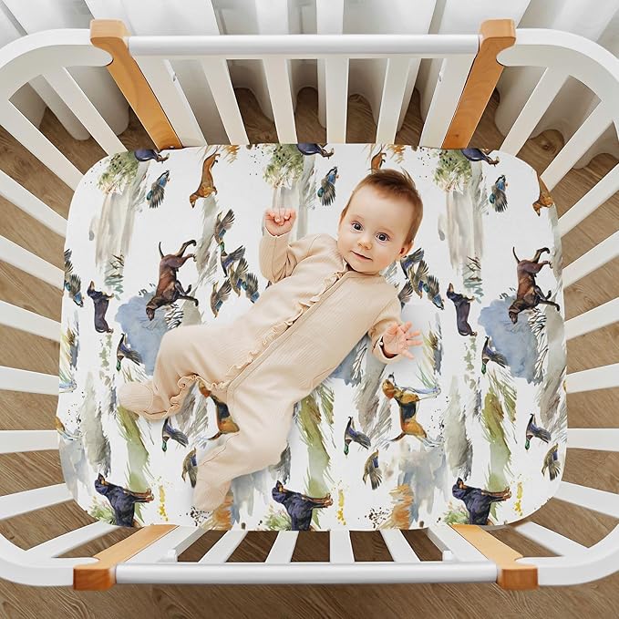 Fitted Crib Sheets for Baby Boys or Girls Soft Breathable Baby Play Yard Sheet for Standard Size Crib Mattress 39x27in Hunting Dogs and Ducks