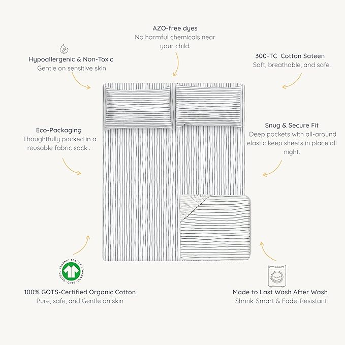 MakeMake Organics Organic Full Fitted Sheet Set GOTS Certified Organic Cotton Fitted Sheet with Pillowcase Ultra Soft Non Toxic Breathable Hypoallergenic Blue Stripes Neutral (Full, Stripes Navy)