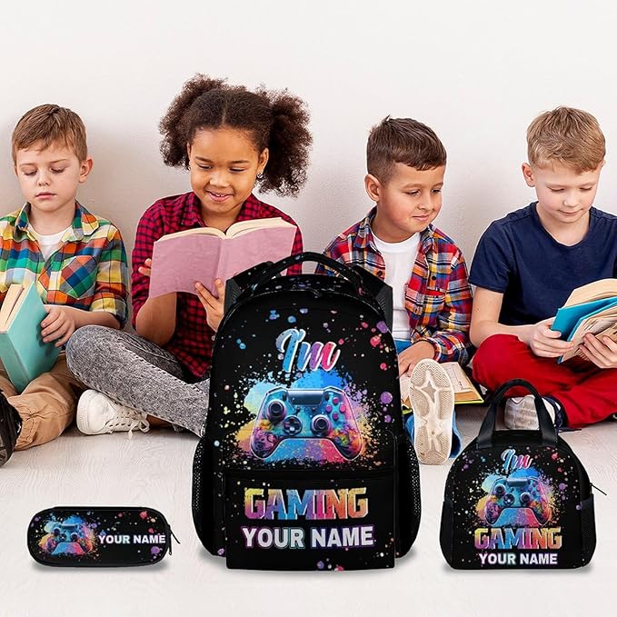 COZYAURA Customized Backpack - Video Gamer Bookbag with Lunch Box for School - Lightweight Black Gaming Backpacks for Boys