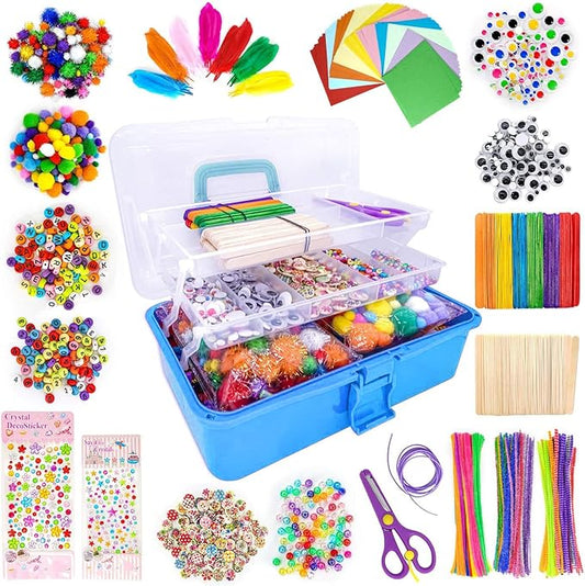 kortes Jumbo Art and Craft Supplies for Kids, Toddler DIY Craft Art Supply Set Included Pipe Cleaners, Pom Poms, Feather, Folding Storage Box - All in One for Craft DIY Art Supplies (Blue)