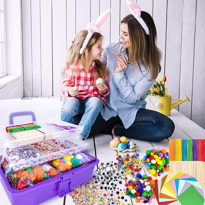 kortes Jumbo Art and Craft Supplies for Kids, Toddler DIY Craft Art Supply Set Included Pipe Cleaners, Pom Poms, Feather, Folding Storage Box - All in One for Craft DIY Art Supplies (Purple)