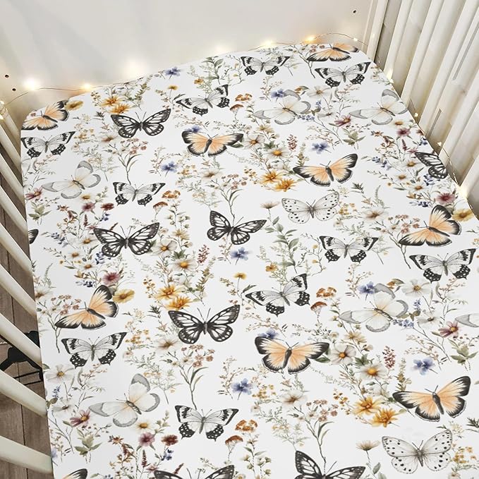 Boho Floral Butterflies Baby Crib Sheets for Boy Girl 52"x28" Vintage Wildflowers Leaves Soft Stretchy Fitted Crib Mattress Cover Retro Spring Summer Baby Sheet for Crib and Toddler Bed Mattresses