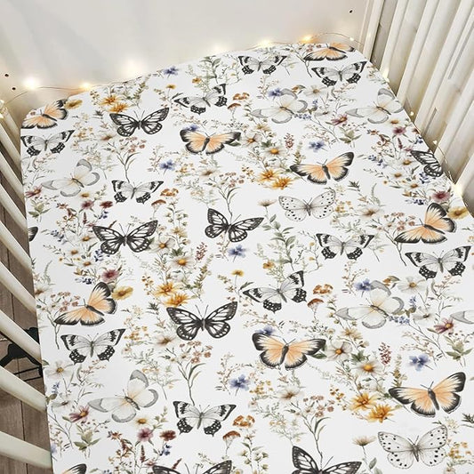 Boho Floral Butterflies Baby Crib Sheets for Boy Girl 52"x28" Vintage Wildflowers Leaves Soft Stretchy Fitted Crib Mattress Cover Retro Spring Summer Baby Sheet for Crib and Toddler Bed Mattresses