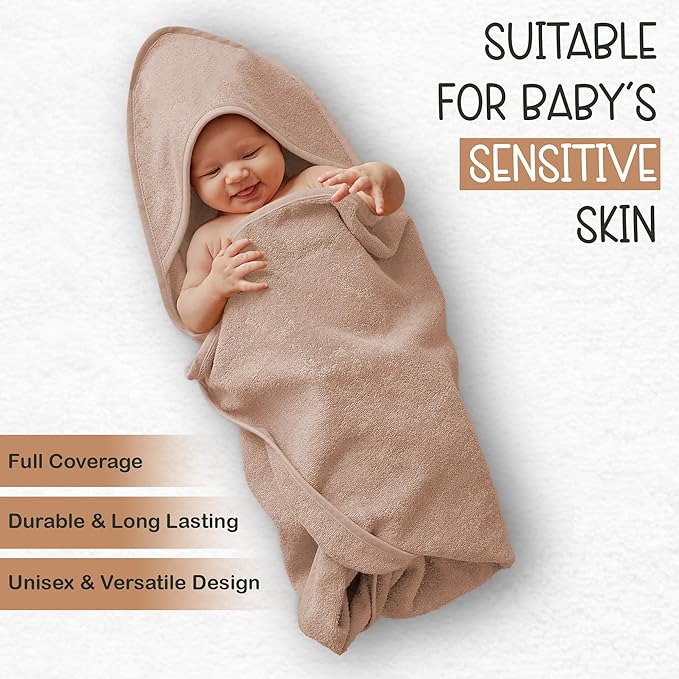Organic Cotton Plush Woven Hooded Baby Towels, 31x31 Inches, Plush Bath Towels with Hood for Newborns and Kids, Girls & Boys (Sand, 31.4" L x 31.4" W)