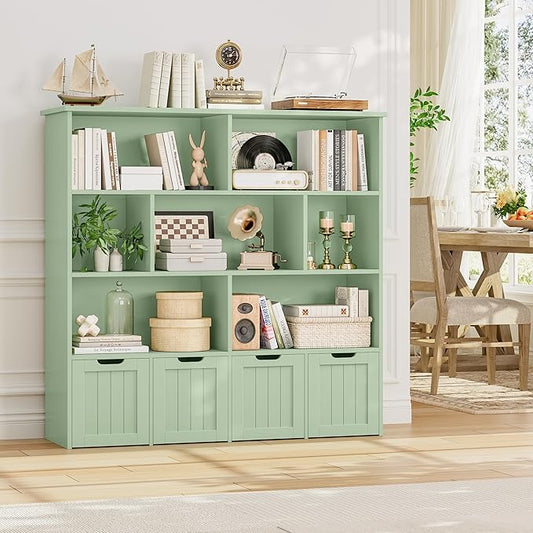 FINETONES Storage Organizer, Bookshelf with 4 Movable Chests and 7 Storage Cubes, Chest Storage with Hidden Wheels, Organizers and Storage, Green