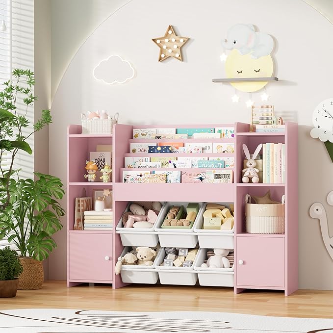 FINETONES Toy Storage Organizer with 6 Toy Bins, Toy Organizer Kids Bookshelf with 6 Cubbies, Toy Organizers and Storage Bins Playroom Storage for Kids Room, Pink
