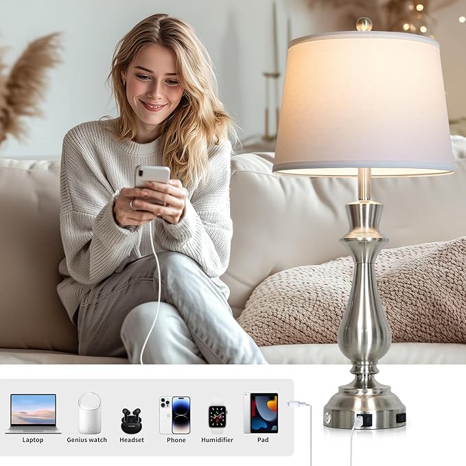 luxeflow Modern Silver Table Lamps Set of 2 for Living Room,30" Tall Bedside Lamp with USB Charging Port,3-Way Dimmable Touch Nightstand Lamp for Bedroom Desk Side Table Office,Silver