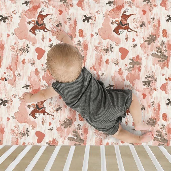 Retro Cowgirl Horse Cactus Love Baby Crib Sheets for Boy Girl 52x28Inch Western Cowgirl Hearts Soft Stretchy Fitted Crib Mattress Cover Wild Desert Baby Sheet for Standard Crib and Toddler Mattress