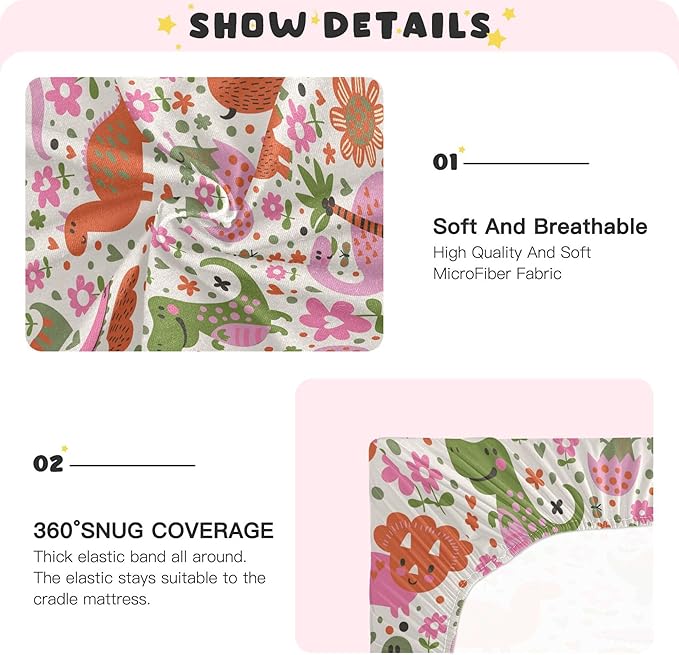 Cute Dinosaurs Flower Crib Sheets Soft Breathable Fitted Baby Crib Sheets Mattress Cover for Girls Boys, 52" x 28" x 9"