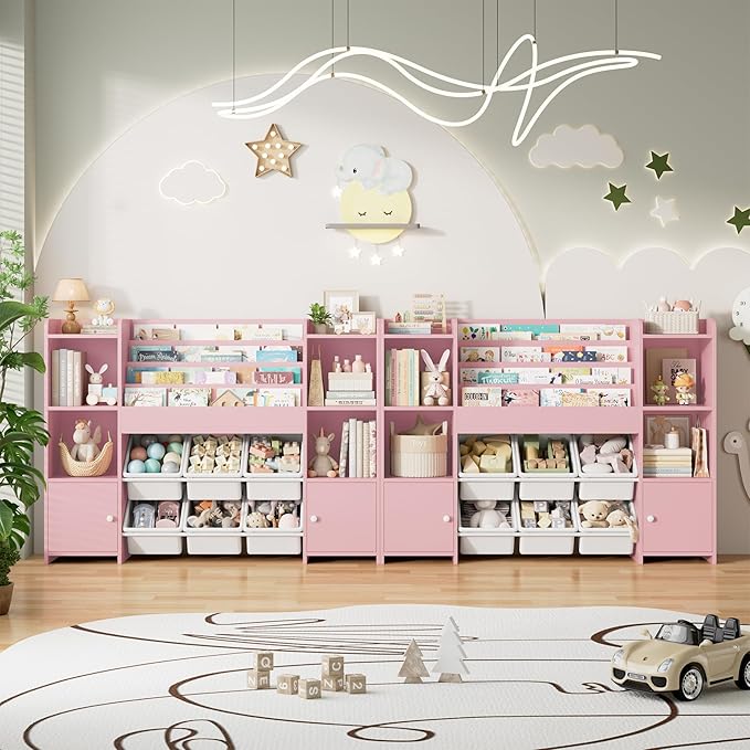 FINETONES Toy Storage Organizer with 6 Toy Bins, Toy Organizer Kids Bookshelf with 6 Cubbies, Toy Organizers and Storage Bins Playroom Storage for Kids Room, Pink