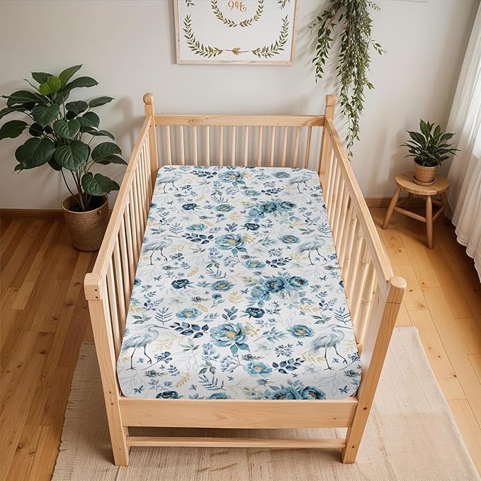 Watercolor Cranes Flowers Baby Crib Sheets for Boy Girl 52"x28" Crane Blue Gold Floral Leaves Soft Stretchy Fitted Crib Mattress Cover Wild Birds Baby Sheet for Standard Crib and Toddler Bed Mattress