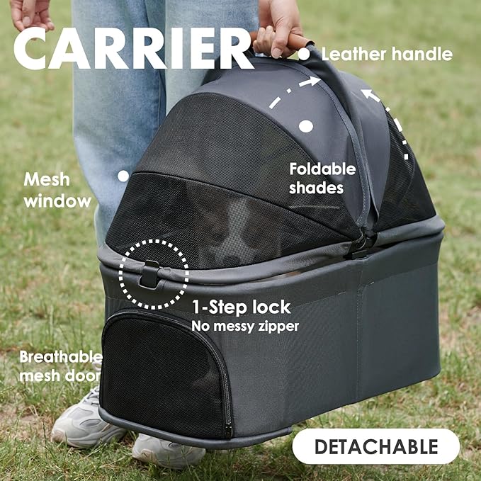 3 in 1 Pet Stroller with Removable Carrier, Folding Stroller for Small/Medium Dogs and Cats, Waterproof, All-Terrain, with Sun Shades, Car Seat