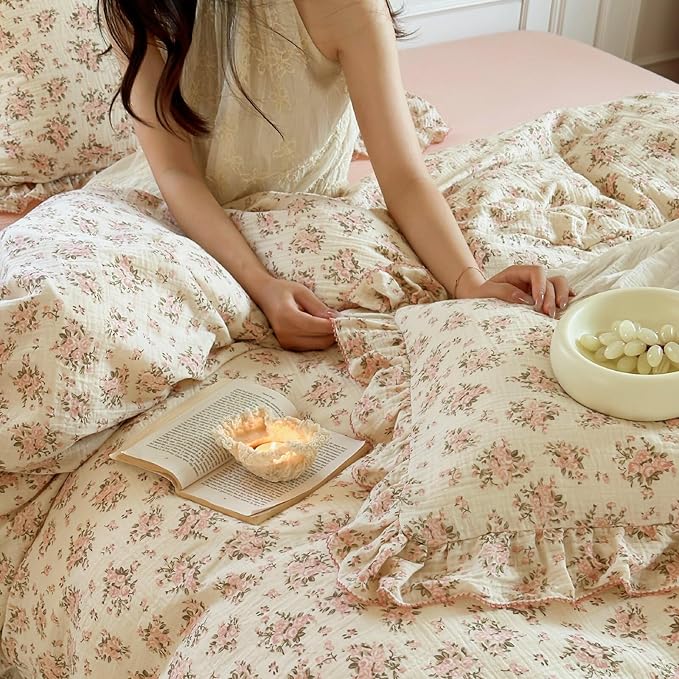 BuLuTu Pink Floral Twin Size Duvet Cover for Girls Kids, Flower Print Comforter Cover with Ruffles, Soft Lightweight Quilt Cover 100% Cotton Muslin, Zipper Closure, 68"x86", No Pillowcases