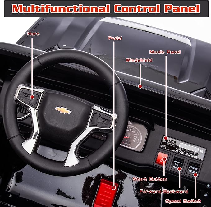 FINITO 24V 4WD Kids Car Licensed Chevrolet Silverado，2 Seater Electric car ，with Parental Remote Control, Music, Bluetooth, for Outdoor Grass, Gift for Kids(Black)