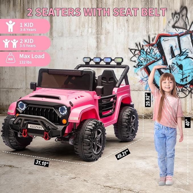 24V Ride on Toys for Big Kids, 2 Seater Ride on Cars with Remote Control, Ride on Truck w/ 4-Wheeler Suspension, 3 Speeds, Led Lights, Bluetooth Music Player