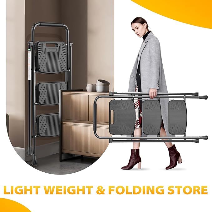 3 Step Ladder, Folding Step Stool with Wide Anti-Slip Pedal and Handrail, Safe-Lock Design, Lightweight, 500lbs Load, Sturdy Steel Ladder, Black