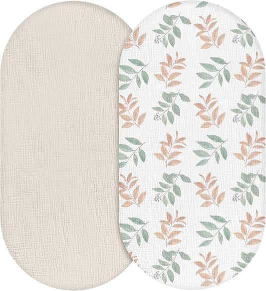 Muslin Bassinet Fitted Sheets, 2 Pack for Baby Boy and Girl, Soft Breathable Stretchy Baby Pad/Mattress Sheet Set, Universal Fit for Hourglass Oval and Rectangle Bassinet Mattress (Bright Leaves)