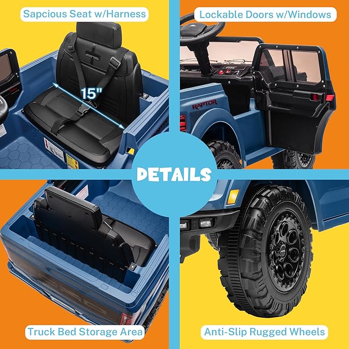 ENYOPRO 12V Licensed Ford F-150 Raptor Toddler Ride On Car w/Remote Control, Battery Powered Kids Electric Car w/LED Lights, Bluetooth, Soft Start, 4-Wheel Shock Absorber, Truck Bed Storage (Blue)