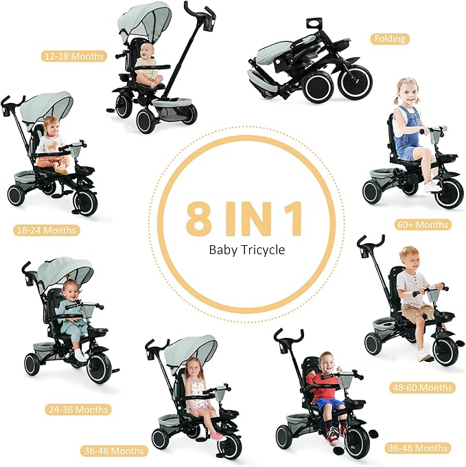 Folding Kids Tricycle, 8 in 1 Baby Trike W/Removable & Adjustable Canopy, Parent Handle, 5-Piont Safety Harness, Toddler Bike Stroller for Kids 1-6 Years, EVA Wheels, Storage Basket, Green