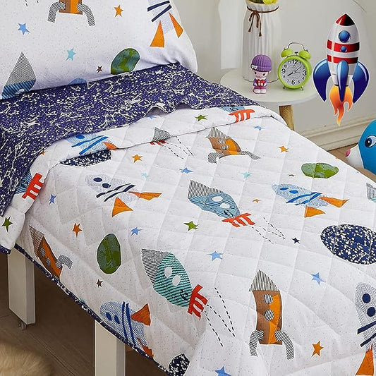 Brandream Kids Bedding Set Twin Size Space Boy Girl Cotton Comforter Set Space Rocket Galaxy Bedroom 3-Piece
