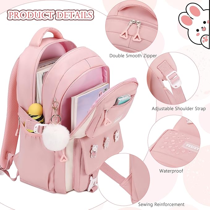 AO ALI VICTORY Backpack for Girls 3 PCS Cute School Backpacks Elementary Kids Book Bag with Lunch Box Pencil Case Set Laptop College Travel Back Pack Large Bookbags for Girl Teens Women Student Pink