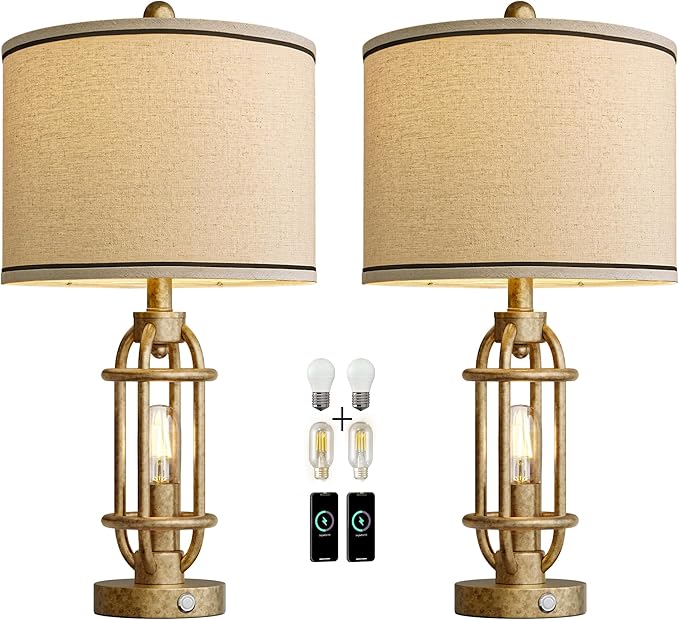 G-SAFAVA 23.75'' Table Lamps Set of 2 for Living Room Bedroom Industrial Farmhouse Metal Touch Lamps with USB A+C Ports, Night Light Vintage Nightstand Bedside Lamp, Bulbs Included, Champagne Gold