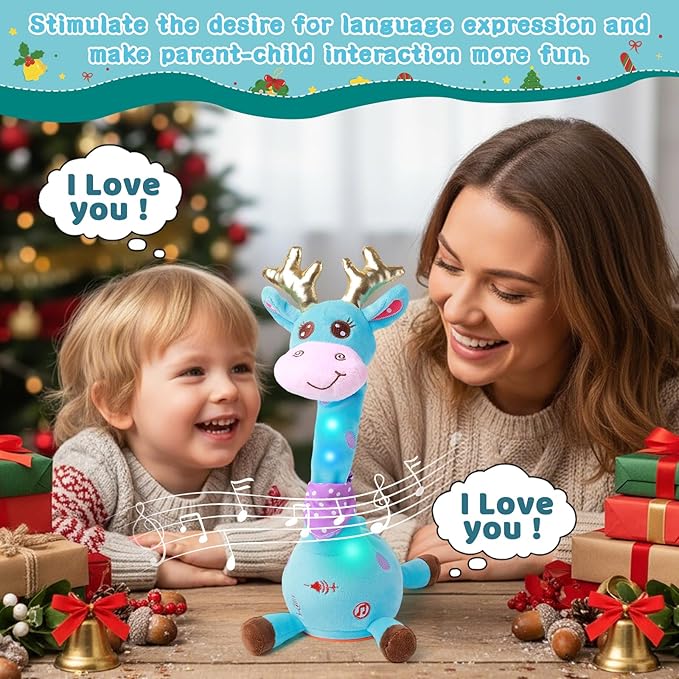 Dancing Talking Giraffe with Golden Antlers Toy, Stuffed Animal Baby Toy Repeating What You Say, Musical Toy with Golden Anlters Gifts for Toddlers 1-3 Years Old (Blue Giraffe Antlers)