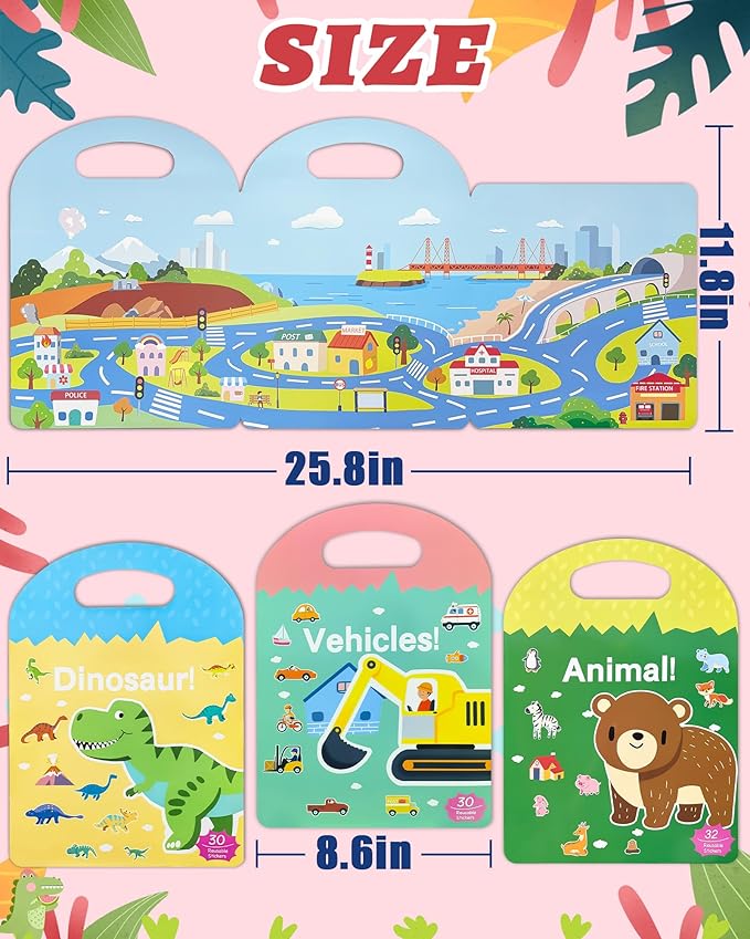 Benresive Reusable Sticker Books for Toddlers, 3 Sets Travel Stickers for Kids, Toddler Sticker Book, Crafts Activities for Toddlers, 3 and Up Birthday Gifts Travel Toys