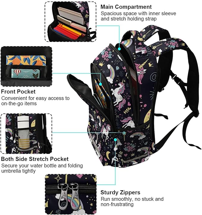 MNSRUU School Backpack with Chest Strap, Cute Unicorn Rainbow And Diamond Purple Laptop Backpack, Travel Hiking Backpack for Boys Girls, Rucksack, Knapsack One Size