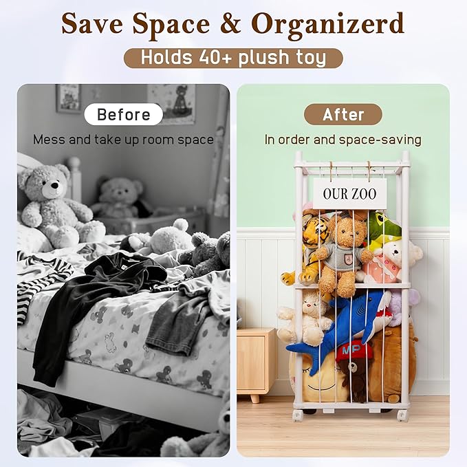 Edudif Stuffed Animal Storage Zoo, Wooden Stuffed Animal Organizer with Removable Wheels & 5-Row Elastic Cords, Space-Saving Plush Toy Storage Holder for Playroom, Bedroom, Nursery