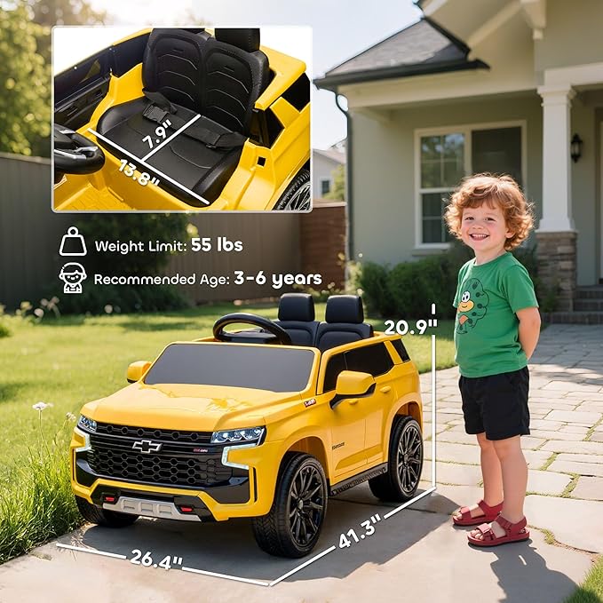 Aosom Licensed Chevrolet Tahoe Ride On Car, 12V 7AH Battery Power Ride On Toy with Parent Remote Control, LED Lights, Music, 4 Wheeler Suspension, 3 Speeds, Kids Electric Vehicle for Aged 3+, Yellow