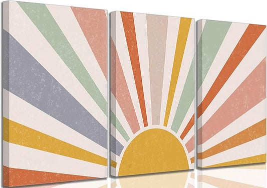 3 Pieces Nursery Boho Canvas Wall Art Rainbow Sun Rising on the Horizon Geometric Nature Illustration Line Pictures Wall Decor Posters Prints for Toddler Kids Room Home Decoration